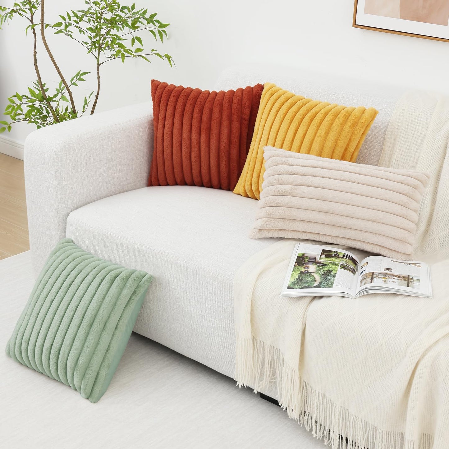 Pallene Faux Fur Plush Christmas Throw Pillow Covers 18x18 Set of 2 - Luxury Soft Fluffy Striped Decorative Pillow Covers for Sofa, Couch, Living Room - Cream White