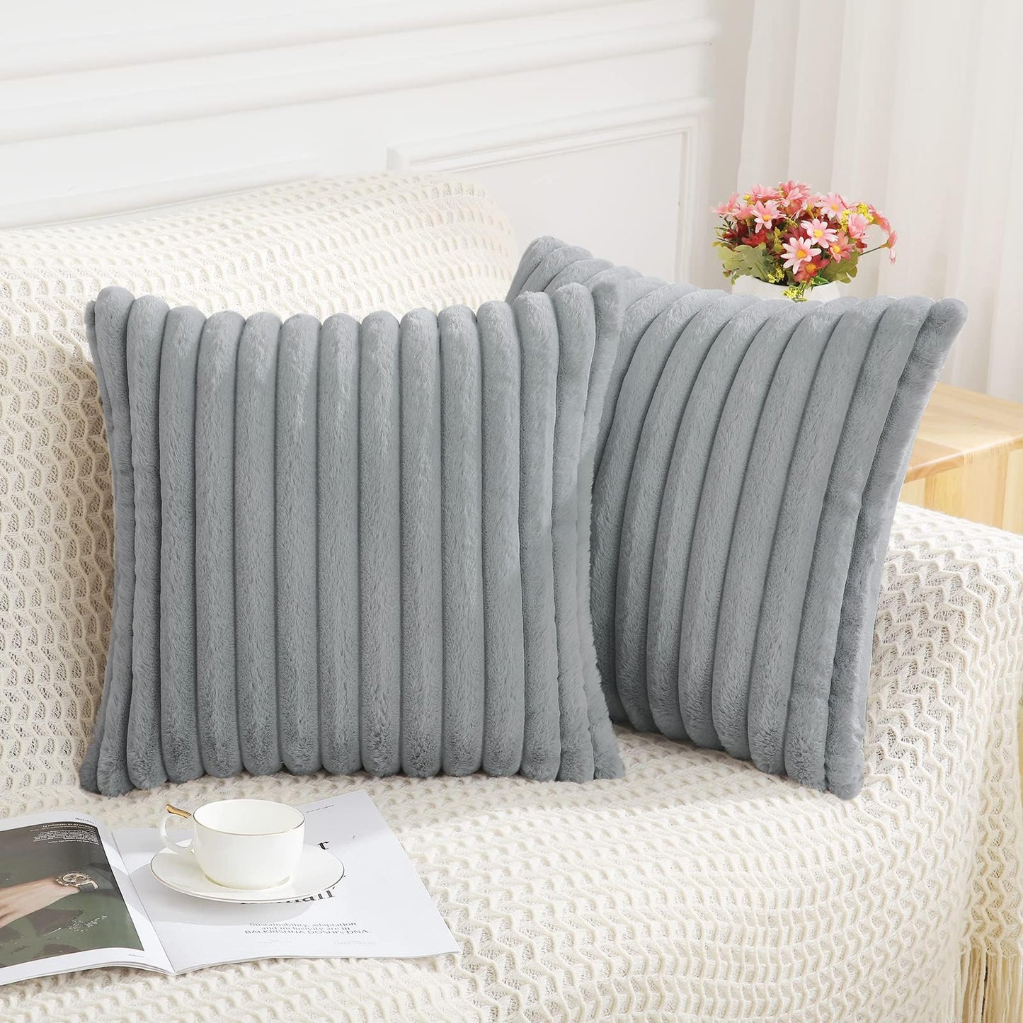 Pallene Faux Fur Plush Christmas Throw Pillow Covers 18x18 Set of 2 - Luxury Soft Fluffy Striped Decorative Pillow Covers for Sofa, Couch, Living Room - Cream White