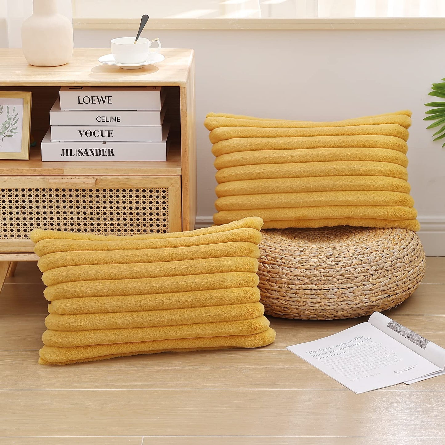 Pallene Faux Fur Plush Christmas Throw Pillow Covers 18x18 Set of 2 - Luxury Soft Fluffy Striped Decorative Pillow Covers for Sofa, Couch, Living Room - Cream White